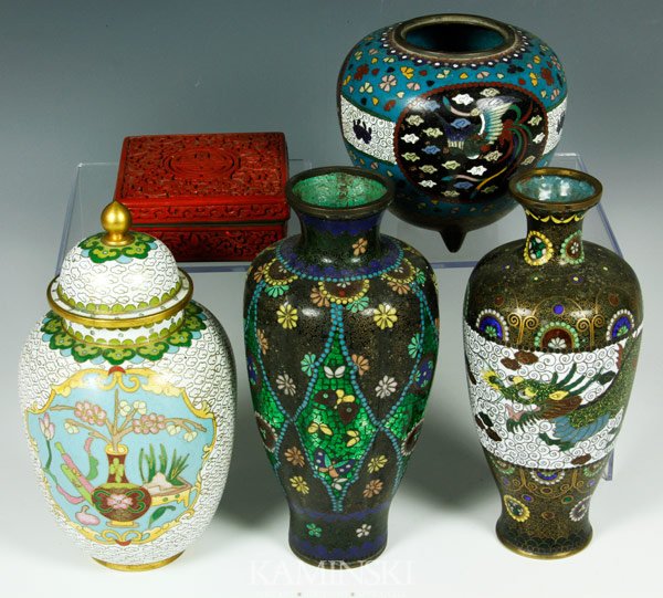 Lot of Cloisonne Vases: Lot of four cloisonne vases, China, and cinnabar box, largest 7 1/2” h.