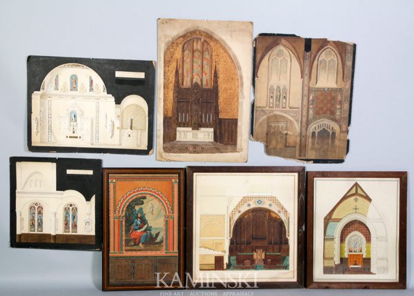 Group of 7 Architectural Renderings: Group of seven architectural renderings, church interiors, watercolor, gouache and pen on paper, mounted on artist board, first quarter of the 20th century, to include; two interior views, St Patricks