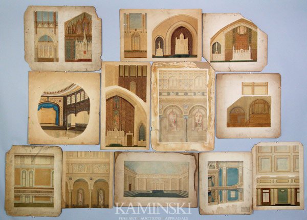Group of 12 Architectural Renderings: Group of 12 architectural renderings of church interiors, first quarter of the 20th century, highly detailed watercolor and pen on artist board to include; four Mason Hall Manchester large interior re