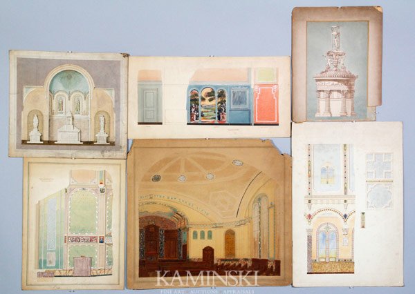 Group of 6 Architectural Renderings: Group of 6 architectural renderings, first quarter of the 20th century, highly detailed gouache, pen and watercolor on artist board to include; one large interior synagogue, signed H.W. Christensen De