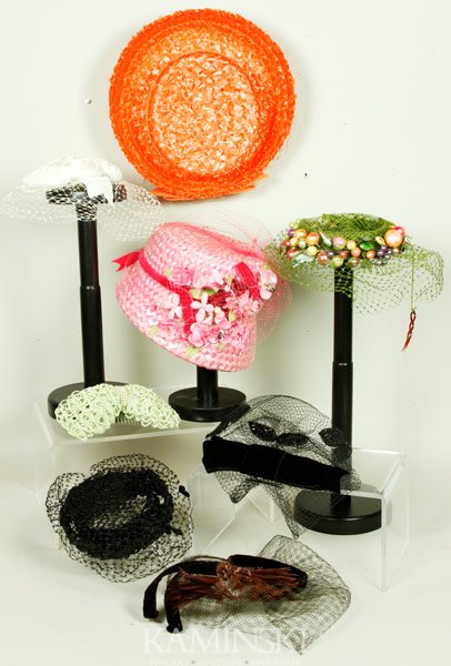8 Women's Vintage Hats: Lot of eight women's vintage hats, to include: white flowers with veil; black circular braid with veil; Miss Sally Victor, shiny fake fruit band with green veil and bow; black bow with veil; light gre