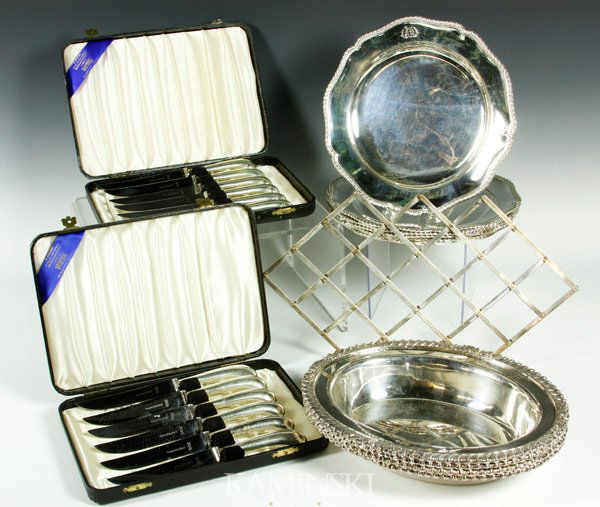 Group of Silver Plate Items: Group of silver plate items, to include; set of six Viners of Sheffield knives, England, in case, plain handles; set of six Viners of Sheffield knives, England, in case, scroll handles; four heavy ova