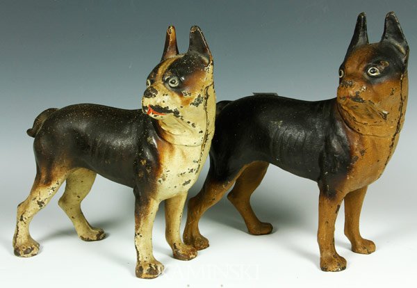 Pair of Boston Terrier Doorstops: Pair of metal Boston Terrier door stops, 9” x 8”.