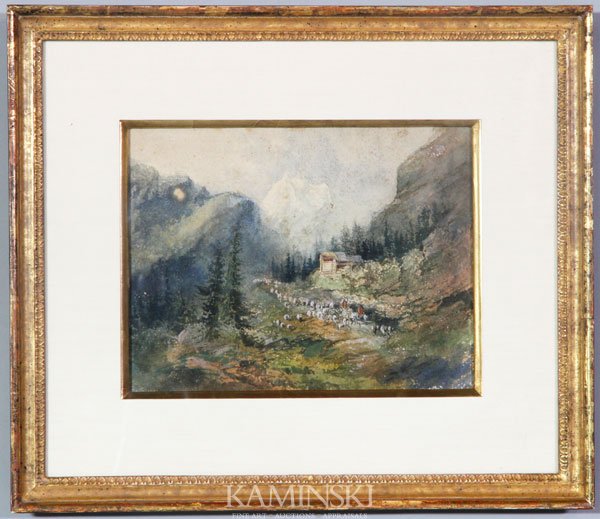 European Alpine Scene, W/B: European alpine scene, watercolor on paper, unsigned, 11 1/3" x 8 1/2", 19" x 16 3/8" (frame).