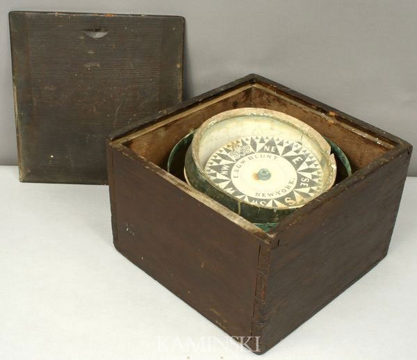 E & G W Blunt, New York Cased Ship's Compass: 19th Century E & G W. Blunt, New York, cased ship's compass in very early wooden bowl with large split, glass cover, primitive gimble, sliding lid, dovetailed box, compass 6 1/2"dia., box 10 x 10 x 7.
