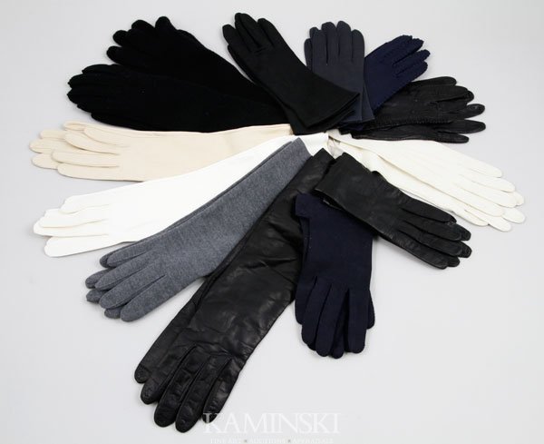13 Pairs of Ladies Gloves: 13 pairs of ladies gloves, short and long, materials include leather, silk and cashmere, some made in Italy and France, size 6 1/2.