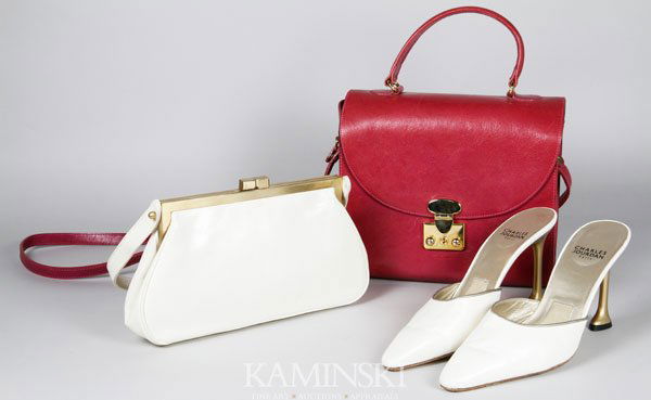 2 Designer Purses, Matching Pair of Shoes: Two designer purses and one matching pair of shoes, to include: Charles Jourdan cream leather backless shoe with gold heel, approximate size 8 and matching cream leather purse with gold hardware, 5 2/