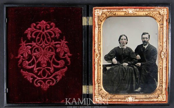 Ambrotype of Young Couple in Rare Case: Ambrotype depicting The Holy Family, case maker probably Holmes Booth & Hayden, inspired by Raphael's most popular painting, Madonna della Sedia (Virgin of the Chair), image of young couple seated, in