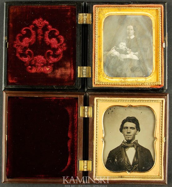2 Thermoplastic Cases: Lot of two scarce thermoplastic cases, with images, ambrotype of a young man and a Daguerreotype of a mother and child in a poetic image, Daguerrerian Gallery, case maker, S. Peck & Co.,1/6 plate, 3 1