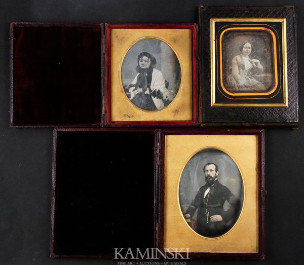 3 Daguerreotypes: Lot of three Daguerreotypes, 1/4 plate, gentleman, tinted, Myall, Long, older woman by Beard, possibly English author Maria Edgeworth, young woman in an unusual wallet case, 5 1/2"h x 4 1/2"w and 4 1/