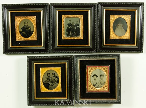 5 Daguerreotypes of Children: Lot of five identical images of children in various posses, 1/6 palates, professionally framed, four tin types and one ambrotype, 6 1/4"h x 6 5/8"w (frame).