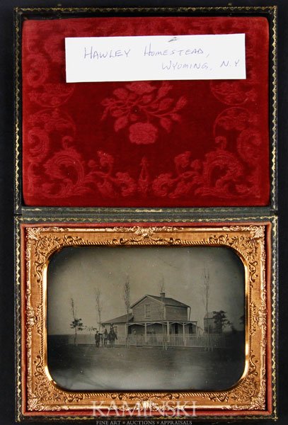 Ambrotype of People and Horses: Ambrotype, half plate, interesting image of four people, 2 horses, beside a house identified as "Hawley Homestead, Wyoming, NY.", full leather case, 4 3/4"h x 6"w.