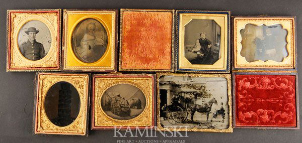 4 Ambrotypes and 2 Tintypes: Lot, interesting group of four 1/6 plate ambrotypes of a boy with his dog, a postmortem, painting of a girl, and Tower of Pisa, along with a 1/4 plate outdoor scene of a horse and carriage in front of