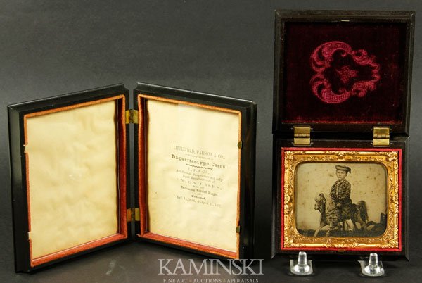 2 Rare Thermoplastic Cases: Lot of two rare thermoplastic cases, to include: 1/6 plate, Profile of a Patriarch, case maker S. Peck & Co., with a nice ambrotype of a child on a hobby horse; 1/6 plate, The Music Messon, case maker