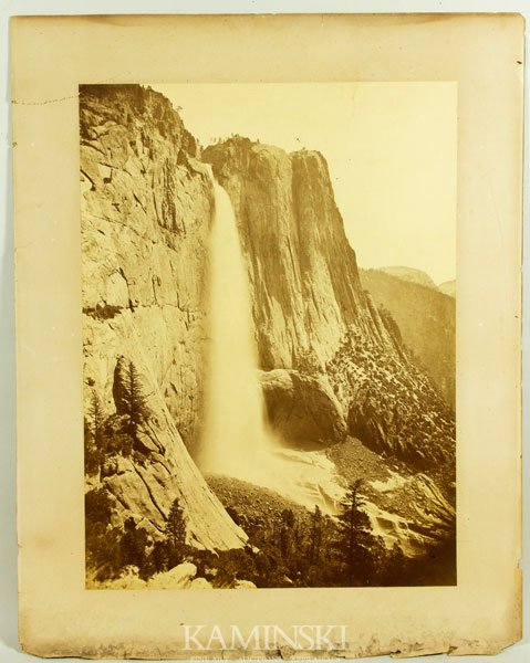 Watkins, Yosemite National Park, Albumen: Carleton Watkins (American 1829 - 1916), "Upper Yosemite Falls from the Eagle Point trail", mammoth albumen, 21"h x 15 3/4"w. Some foxing and tears along the bottom border.