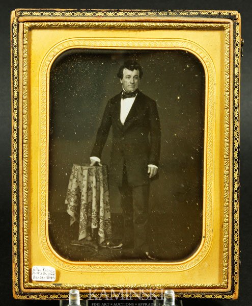 Occupational Daguerreotype of Allen Kramer: Daguerreotype, 1/2 plate, occupational of Allen Kramer, pioneer banker of Pittsburgh, Penn., includes information on bank Kramer & Nash, 6"h x 4 1/2"w. Original Seals. Formerly of Graham Nash Collecti