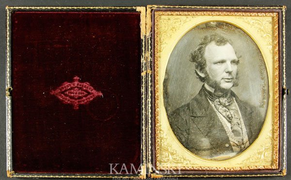 Brady Daguerreotype of a Gentleman: Matthew Brady (1822 - 1896), daguerreotype of a gentleman, 1/2 plate, split leather case, 6"h x 4 3/4"w. Minor emulsion.