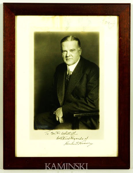 Signed Herbert Hoover Photograph: Photograph of Herbert Hoover, inscribed to M. P. Whitehall, 8 3/4"h x 6"w (image), 15"h x 11 1/2"w (frame).