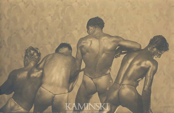 Townsend Vintage Silver Print of 4 Men: Edwin Townsend (American b.1879 ), nude physique portrait of four men playing tug-of-war with their backs to the camera, vintage silver print photograph, circa 1930's, 6 1/2"h x 9 3/4"w.