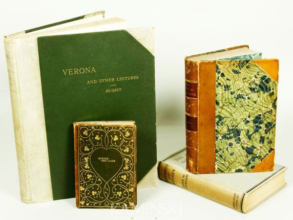 Lot of Ruskin Books: Lot of books by or about John Ruskin, to include: Sesame and Lillies, three lectures by John Ruskin, reprinted from the third English edition, G. P. Putnam's Sons, New York, green leather with gilt wr