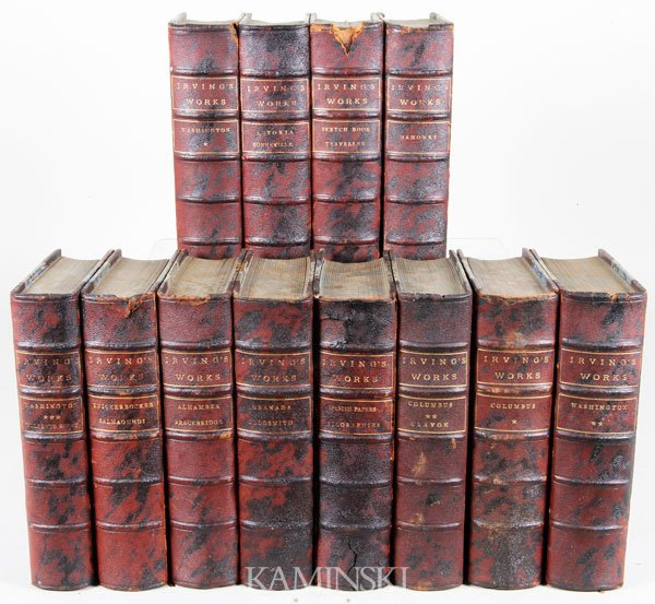 12 Vol. "Irving's Works" 1849: Irving's Works, twelve volumes, complete set, 1849, GP Putnam and Sons, leather bound, 3/4 marbled boards, raised spines, gilded titles.