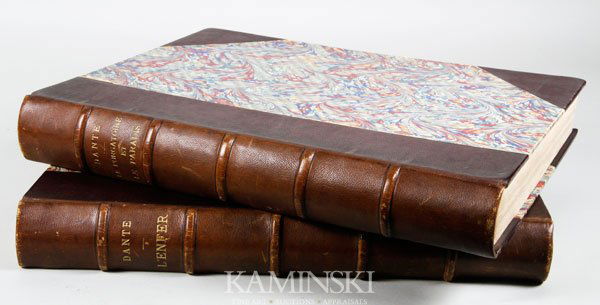 2 Books by Dante Alighieri: Lot of two books by Dante, to include: L'Enfer and Le Purgatoire, both avec les dessins de Gustave Dore, traduction Francaise, de Pier - Angelo Fiorentino accompagnee du texte Italien, 1872, Librairie