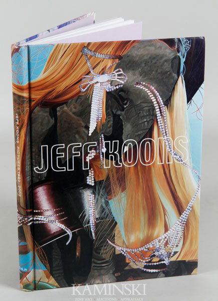 Koons Exhibition Book: Jeff Koons, exhibition book, "Pictures 1980 - 2002", Kunsthalle Bielfeld, 2002, signed by artist inside front cover, hardcover, 9 5/8"h x 7"w.