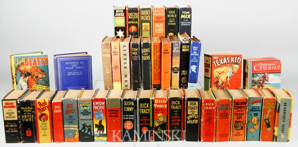 39 Early Big Little Books: Lot of thirty-nine Big Little books, including Dick Tracy by Chester Gould, Buck Rogers by Philip Nowlan, Tailspin Tommy by Hal Forrest, etc. Shelf wear.