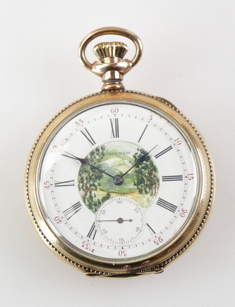 Waltham Goldfill Pocket Watch: Waltham goldfill pocket watch with hand-painted central scene, 2 1/8" diameter. Provenance: La Jolla, California collection.