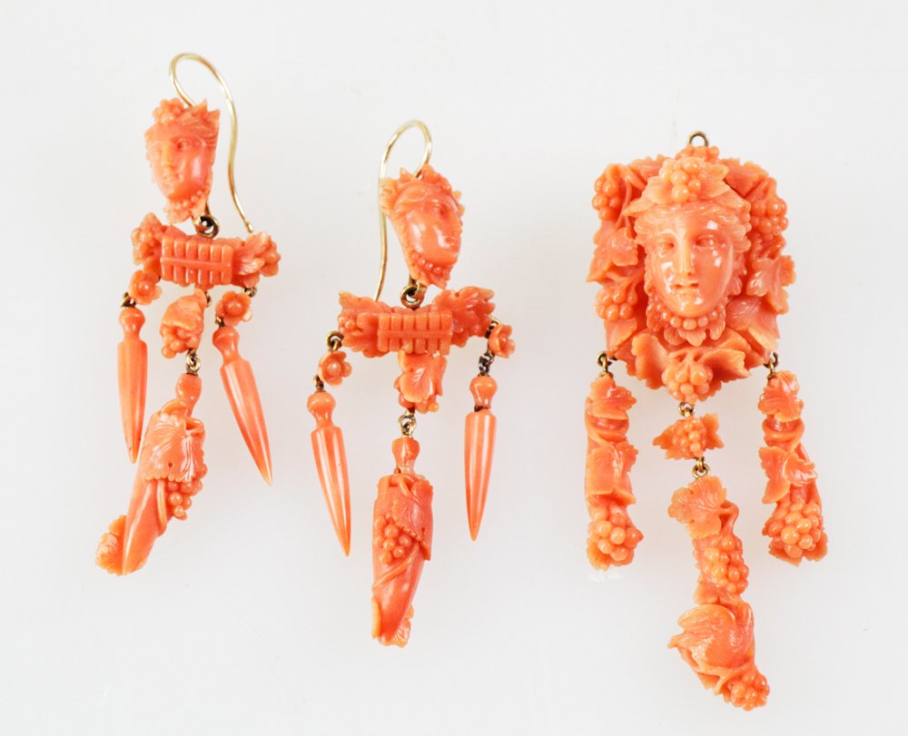 14k Yellow Gold and Carved Coral Pendant, Earrings (1 of 9)