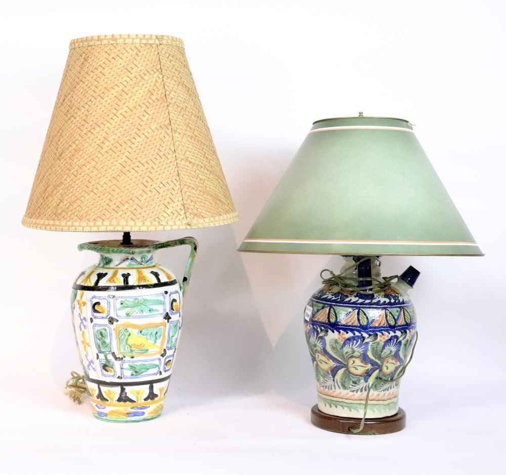 Two Italian Majolica Lamps: Two Italian majolica lamps, one 24" H x 8"; the other 28" H x 8". Good condition. Provenance: Estate of Robert Eigelberger, Palm Beach, Florida.