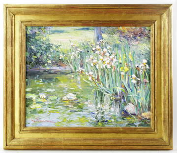 Jan Pawlowski, Lilies in Pond, Oil on Canvas: Jan Pawlowski (Polish, b. 1949), lilies in a pond, oil on canvas, signed L/L, 16" x 20", framed 23" x 26". Provenance: Boston, Massachusetts estate collection.