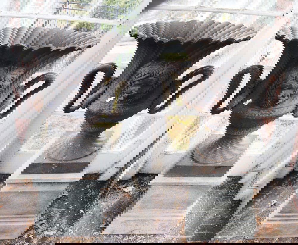 Antique-style Roman Cast Iron Urns on Stone Bases (1 of 10)