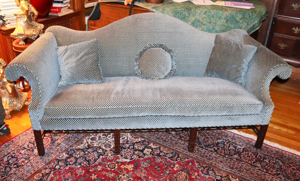 English Chippendale Mahogany Upholstered Sofa: English Chippendale mahogany blue upholstered sofa, 37" H x 87" L x 35" D, with pillows. Good condition. Provenance: Lowell, Massachusetts collection.