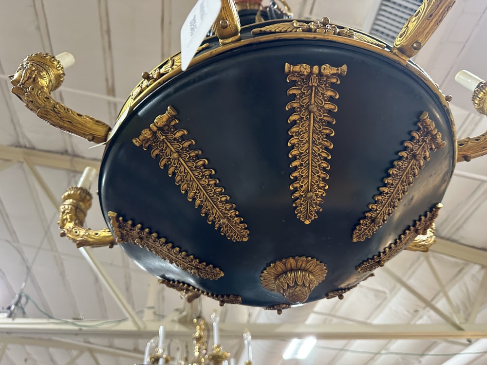 French Empire Dore Bronze Chandelier: French Empire dore bronze chandelier, 33" x 29". Provenance: Southern Connecticut collection.