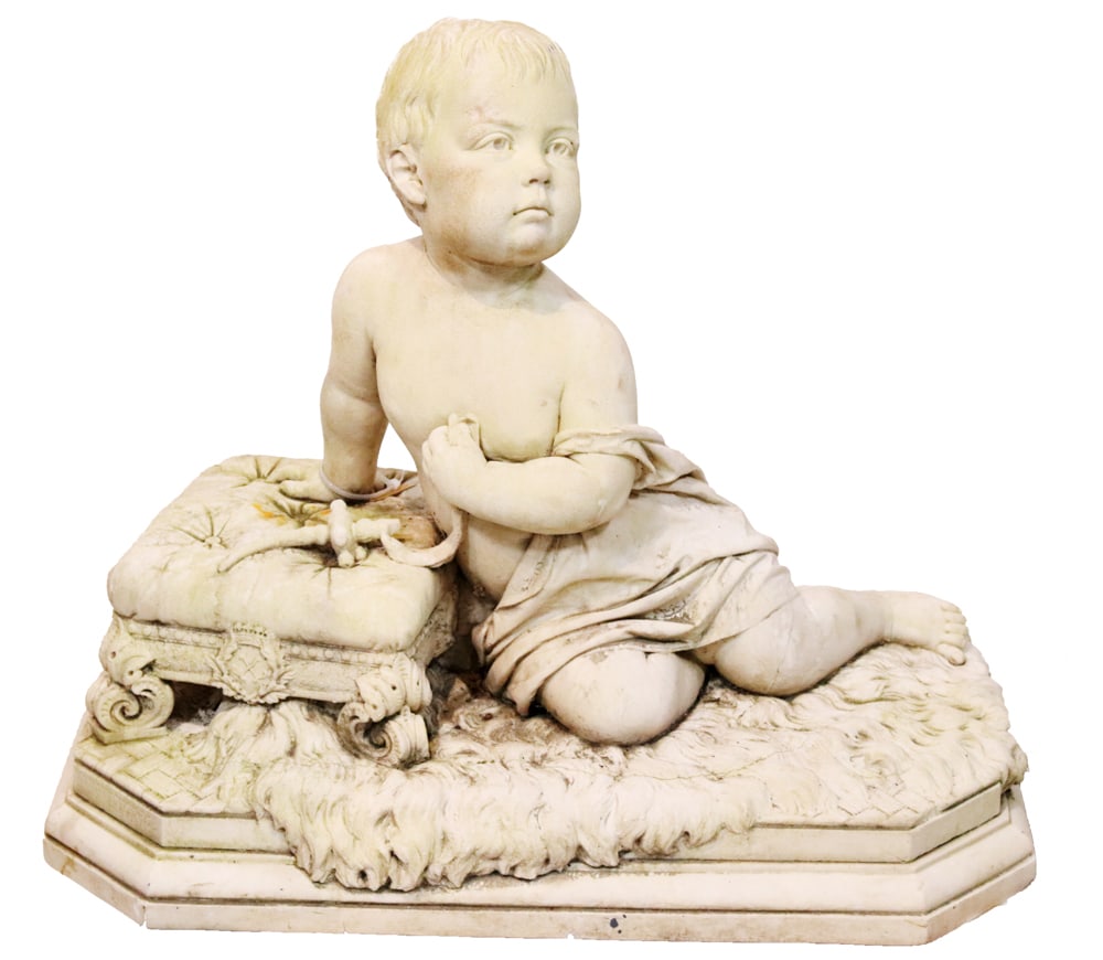 Sandstone Garden Baby Next to Stool: Sandstone garden baby next to stool, 26" x 28" x 16". Provenance: Southern Connecticut collection.