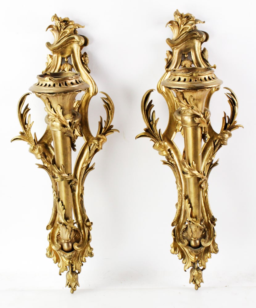 Pair of French Bronze Torchiere Wall Sconces: Pair of French bronze torchiere wall sconces, 24" x 10" x 8". Provenance: Southern Connecticut collection.