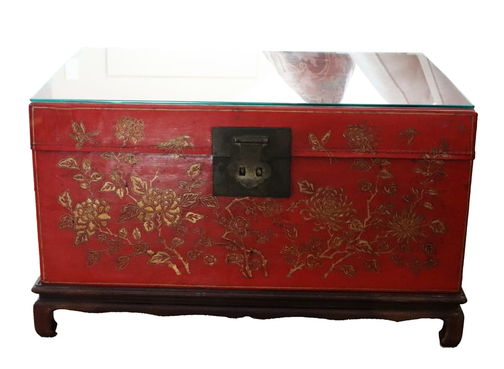 Chinese Red Lacquered Trunk on Glass-top Stand (1 of 6)