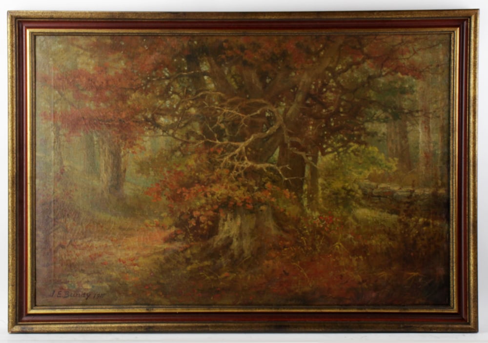 John Elwood Bundy, Fall Scene, Oil on Canvas: John Elwood Bundy (American, 1853-1933), Fall scene, oil on canvas, signed and dated 1911 L/L, 24" x 36", framed 28" x 40". Provenance: Westbury, New York collection.
