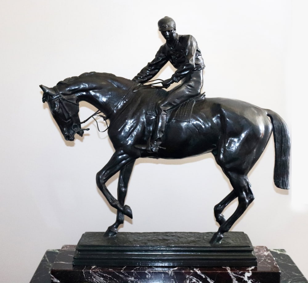 Isidore-Jules Bonheur, "Le Grand Jockey", Bronze: Isidore-Jules Bonheur (French, 1827-1901), "Le Grand Jockey", bronze, signed, 24" H x 24" W x 7 1/2" D, on marble plinth 1/2" H x 21 1/2" W x 7 1/4" D. Provenance: Beverly Farms, Massachusetts estate.