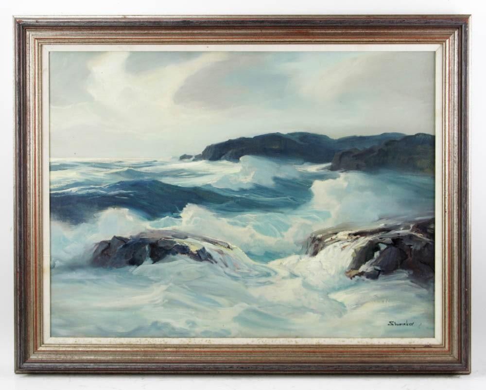 Philip Shumaker, Seascape, Oil on Board: Philip Shumaker (American, 1921-1967), seascape, oil on board, signed L/R, 24" x 32", framed 28 1/2" x 36 1/2".