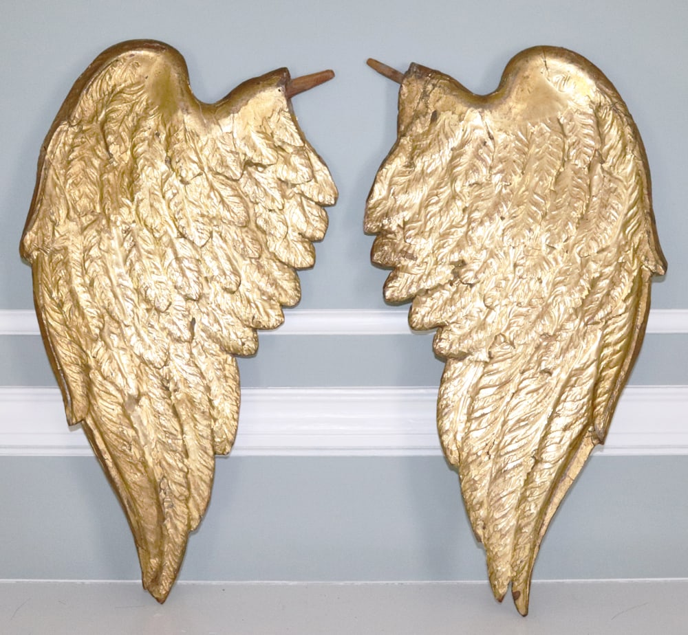 Pair of 18thC Italian Carved Giltwood Wings: Pair of 18th century Italian carved giltwood wings, 18" H x 12". Provenance: Private Collection, Dover, Massachusetts.