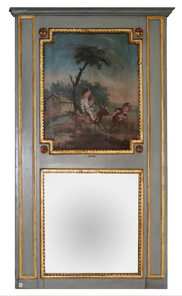 Francois Boucher Labeled Painted Trumeau Mirror: Francois Boucher labeled painted trumeau mirror, 1703-1770, 76" H x 45" W. Provenance: Private Collection, Dover, Massachusetts.