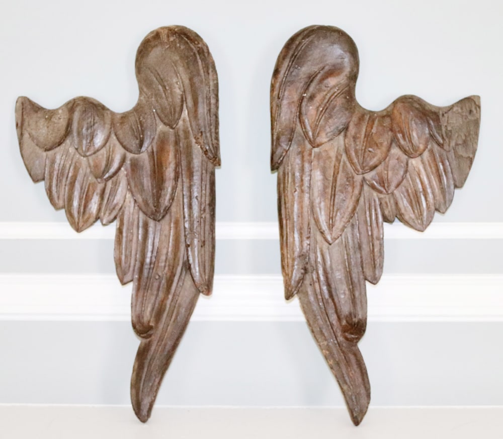Pair of 18thC French Carved Wood Wings: Pair of 18th century French carved wood wings, 19 1/2" H x 10" W. Provenance: Private Collection, Dover, Massachusetts.