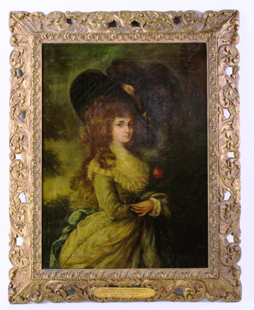 Dutchess of Devonshire, After Gainsborough: Dutchess of Devonshire portrait, from the original painting by Thomas Gainsborough in the New York Metropolitan Museum, oil on canvas, 24" x 18", framed 31" x 24". Provenance: Private Collection, Dove