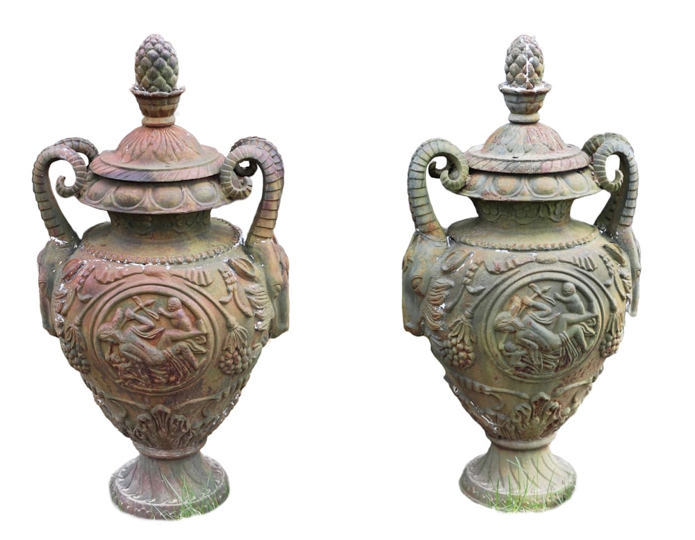 Pair of Vintage Cast Iron Urns with Ram's Heads (1 of 8)