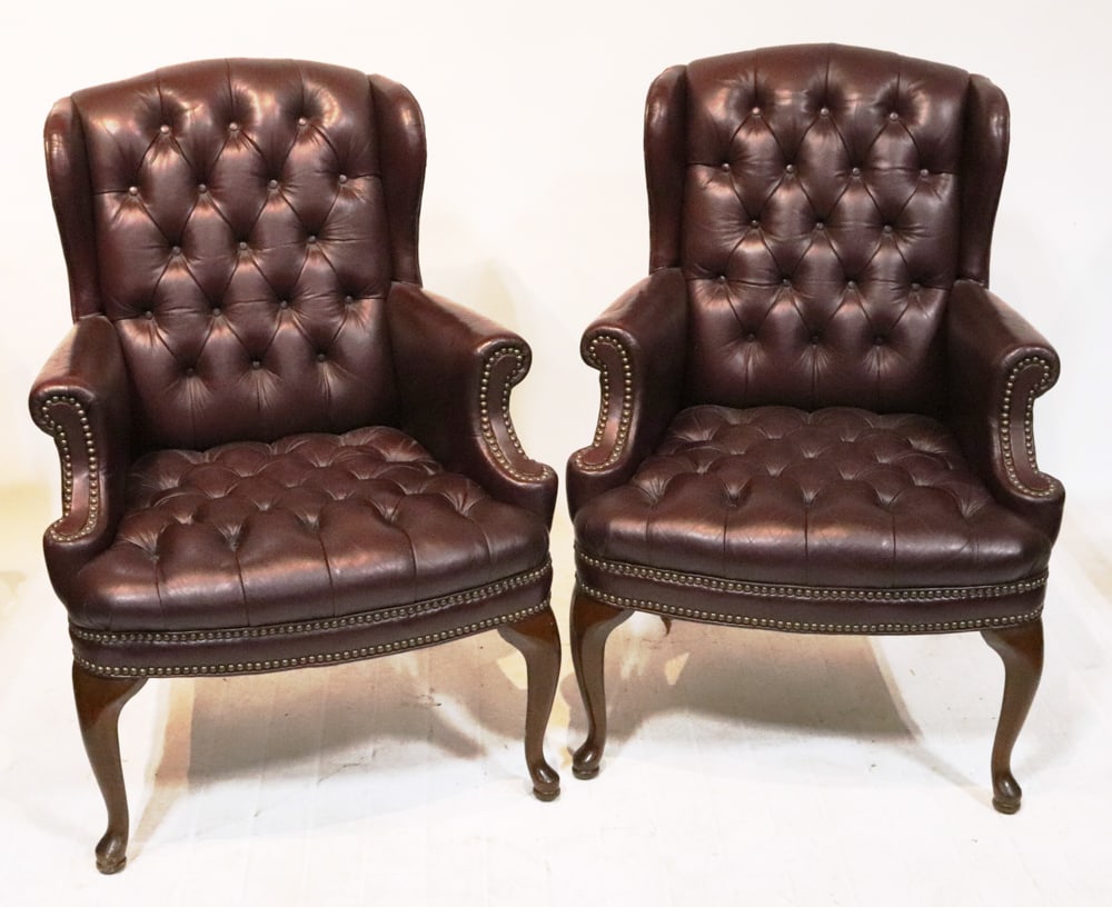 Pair of Maroon Tufted Leather Armchairs (1 of 7)