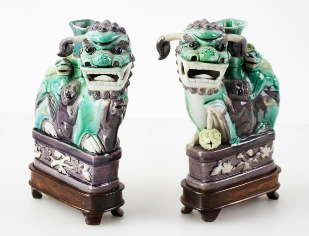 Pair of Chinese Glazed Food Lion Candle Holders (1 of 8)