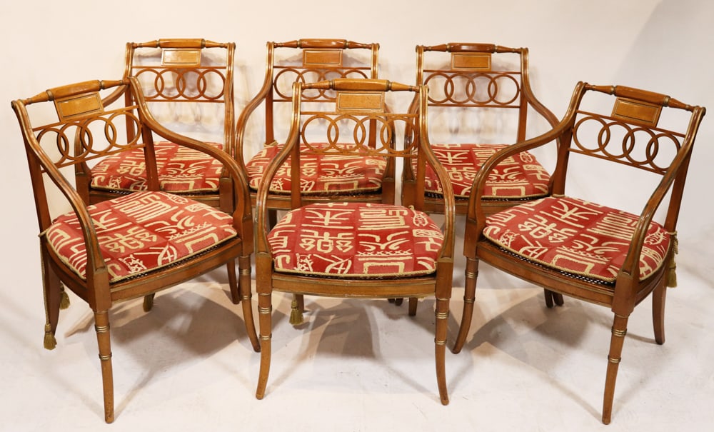 Baker Charlestown Collection Armchairs: Charlestown Collection armchairs by Baker, group of (6), having needlepoint cushions. Provenance: Estate of Kenneth Moore, Pompano Beach, Florida.