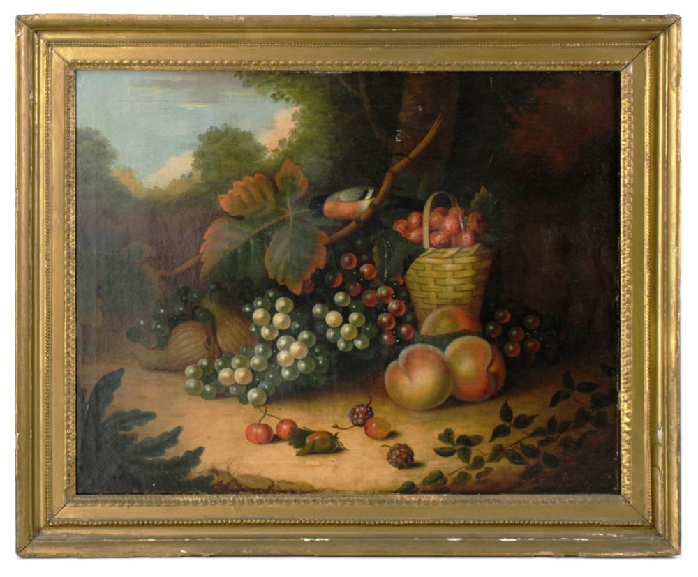 W. Jones of Bath, Still Life with Fruit and Bird: William Jones of Bath (British, 18th century), still life with fruit and bird, oil on canvas mounted on board, 1775, 20" x 25" and 24" x 29" frame. Provenance: Estate of Kenneth Moore, Pompano Beach,